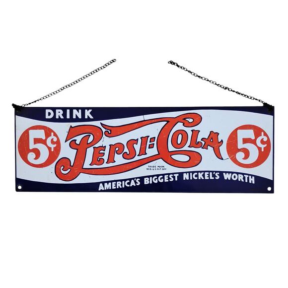 🧃 Pepsi-Cola Metal Sign 🧨 5¢ Slogan | 1991 Repro by Ande Rooney - Picture 1 of 11